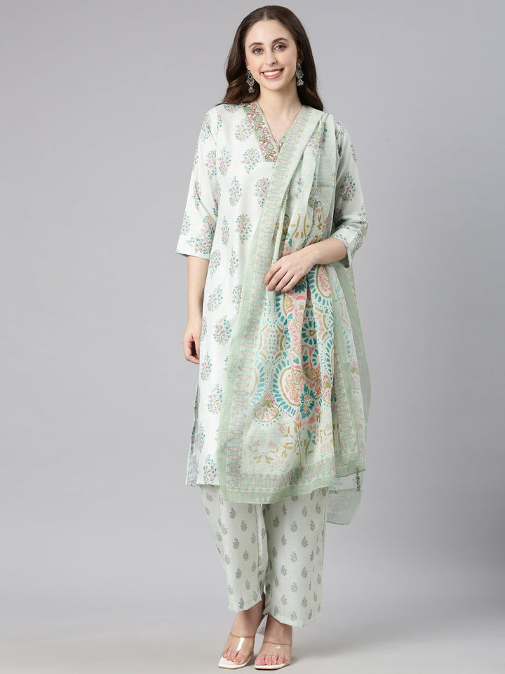 Neerus Pista Printed Straight Kurta and Trousers With Dupatta