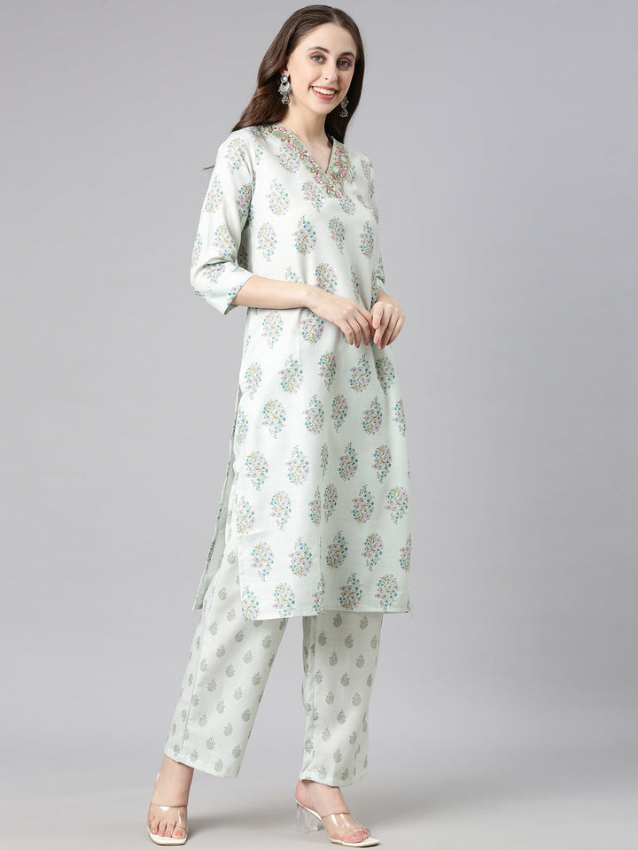 Neerus Pista Printed Straight Kurta and Trousers With Dupatta