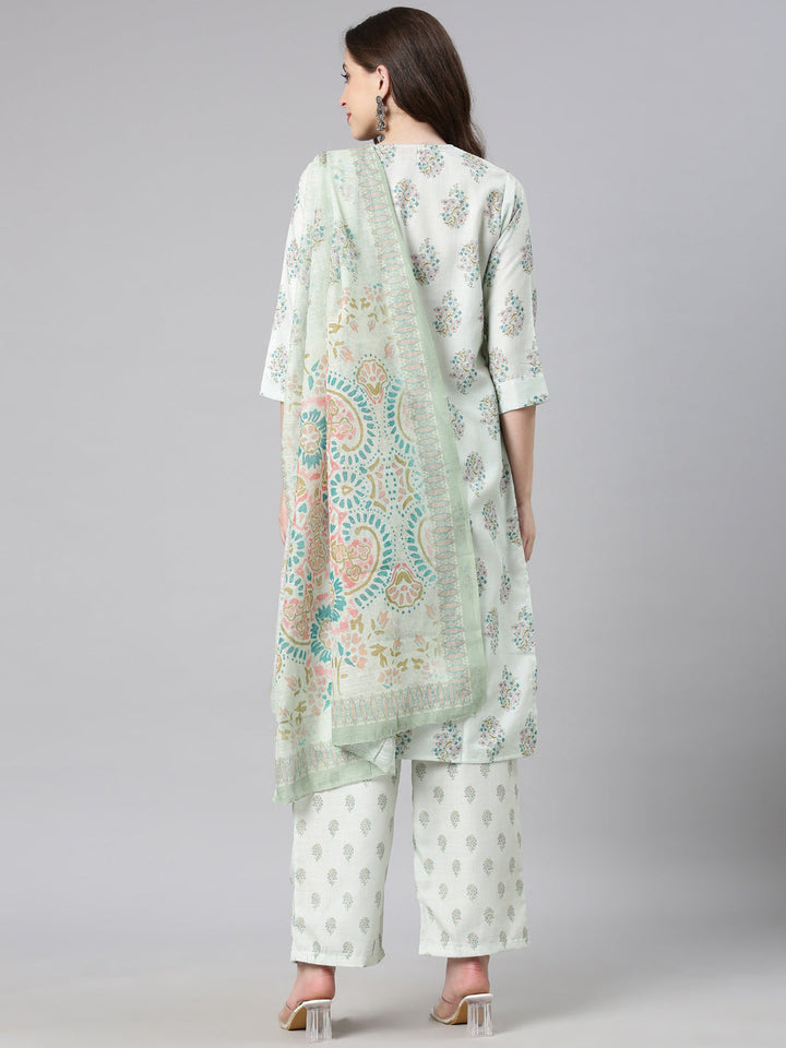 Neerus Pista Printed Straight Kurta and Trousers With Dupatta