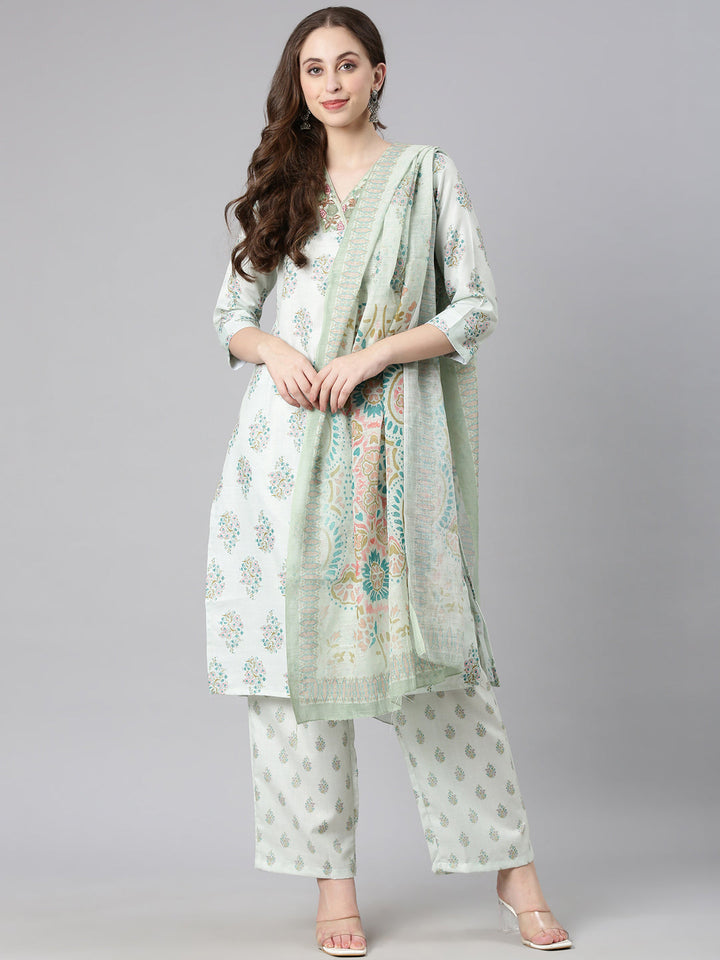 Neerus Pista Printed Straight Kurta and Trousers With Dupatta