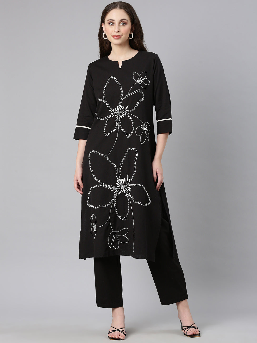 Neerus Black cotton embroidered kurta set - front view