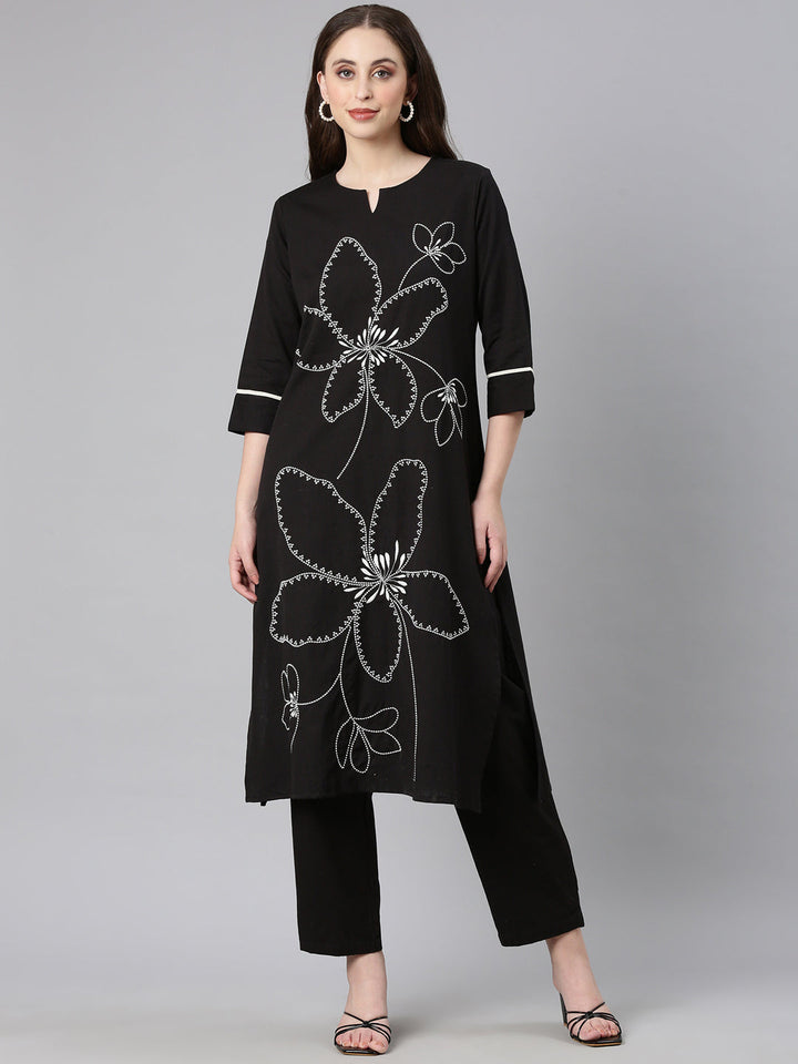 Neerus Black cotton embroidered kurta set - front view