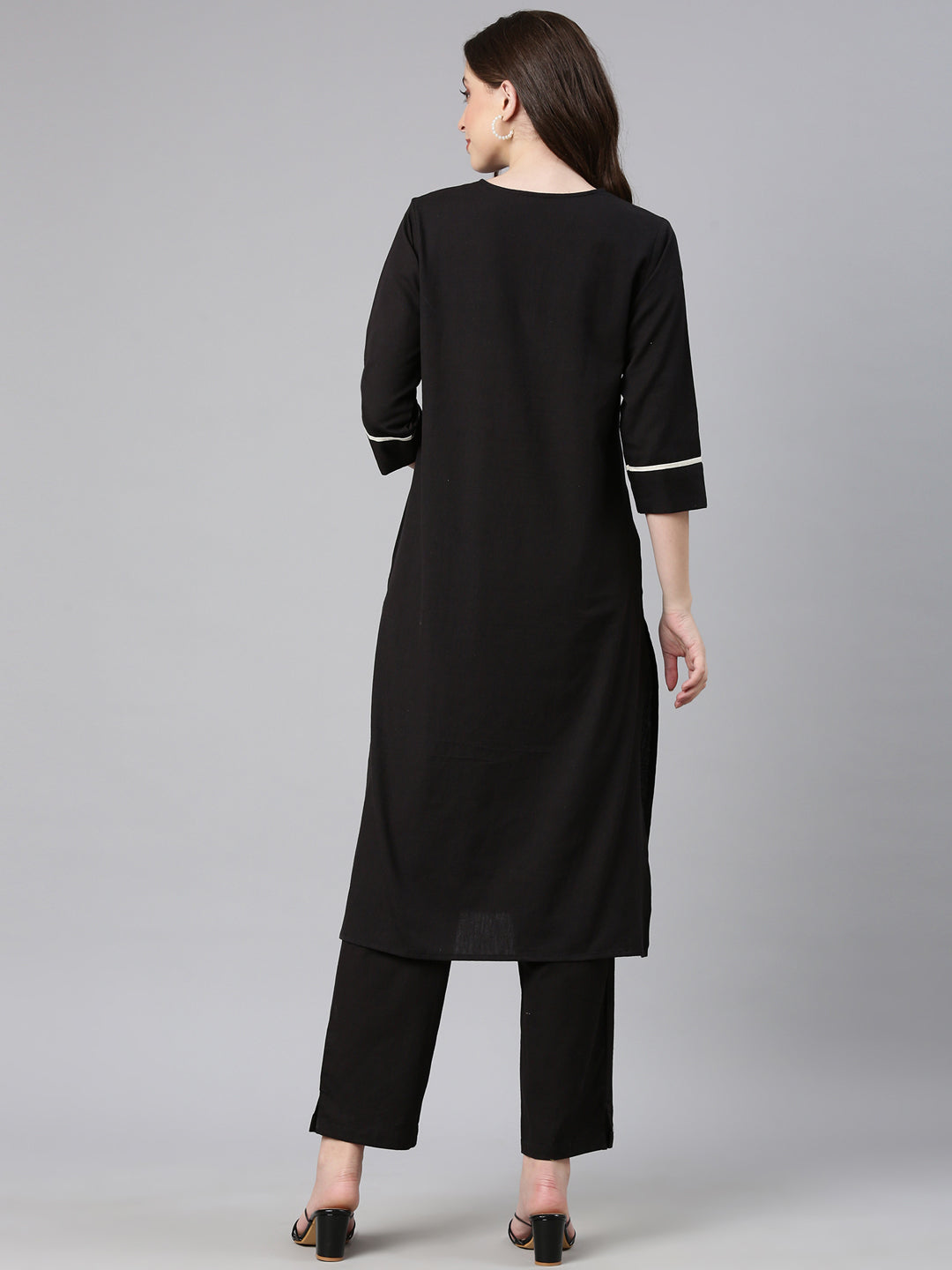 Neerus Black cotton embroidered kurta set - side view