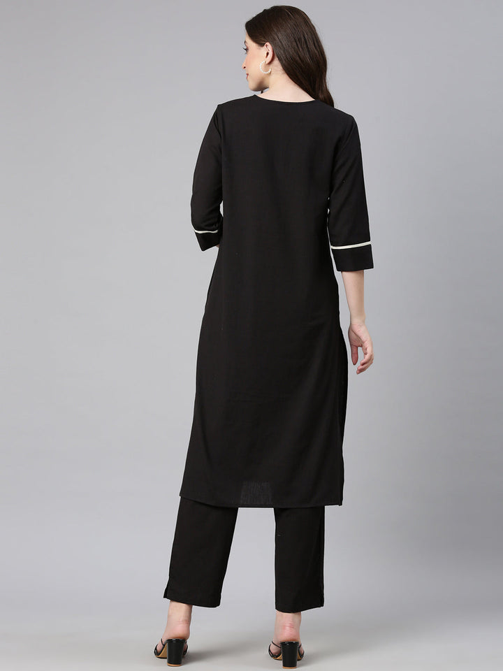 Neerus Black cotton embroidered kurta set - side view