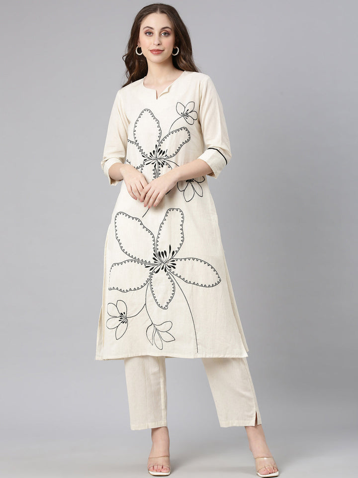 Neerus White cotton embroidered kurta set - front view