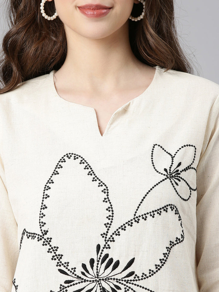 Neerus White cotton embroidered kurta set - detail view 1