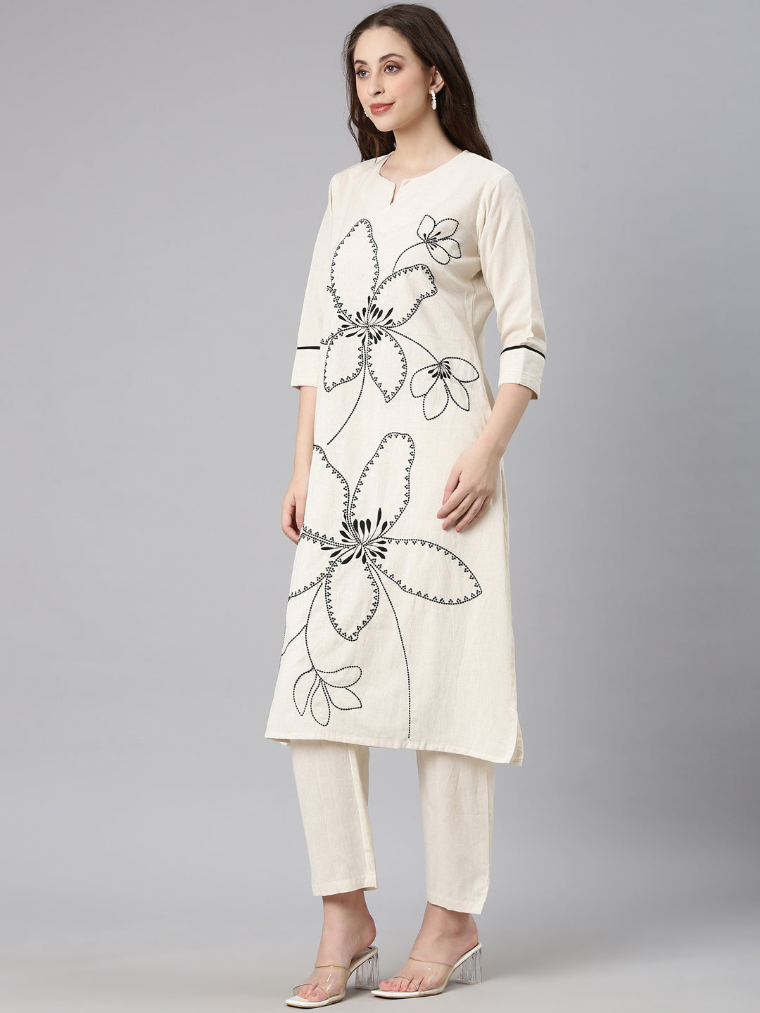 Neerus White cotton embroidered kurta set - back view