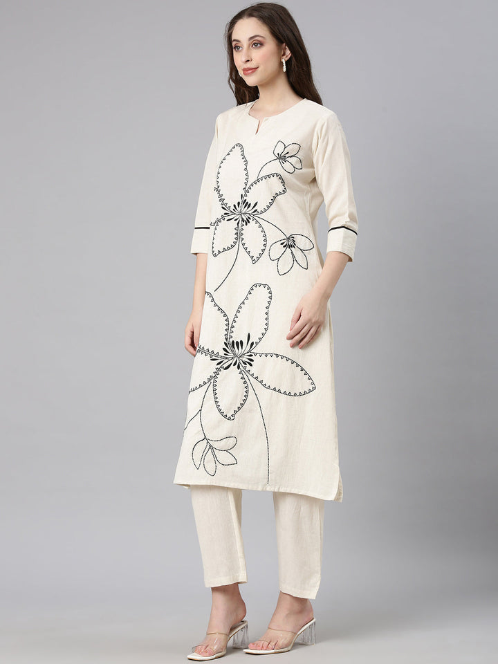 Neerus White cotton embroidered kurta set - back view