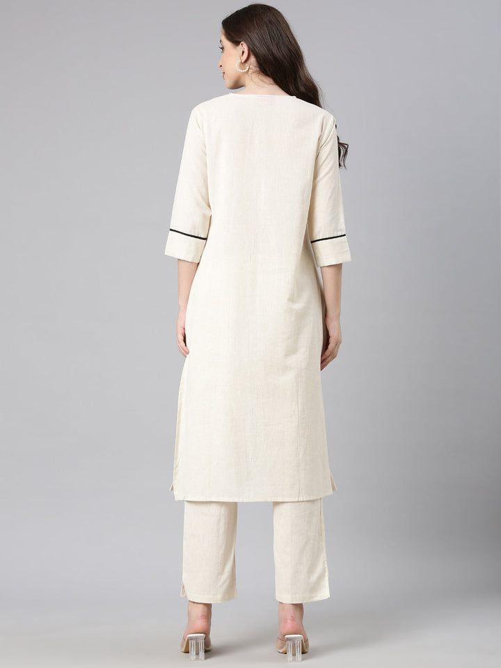 Neerus White cotton embroidered kurta set - side view