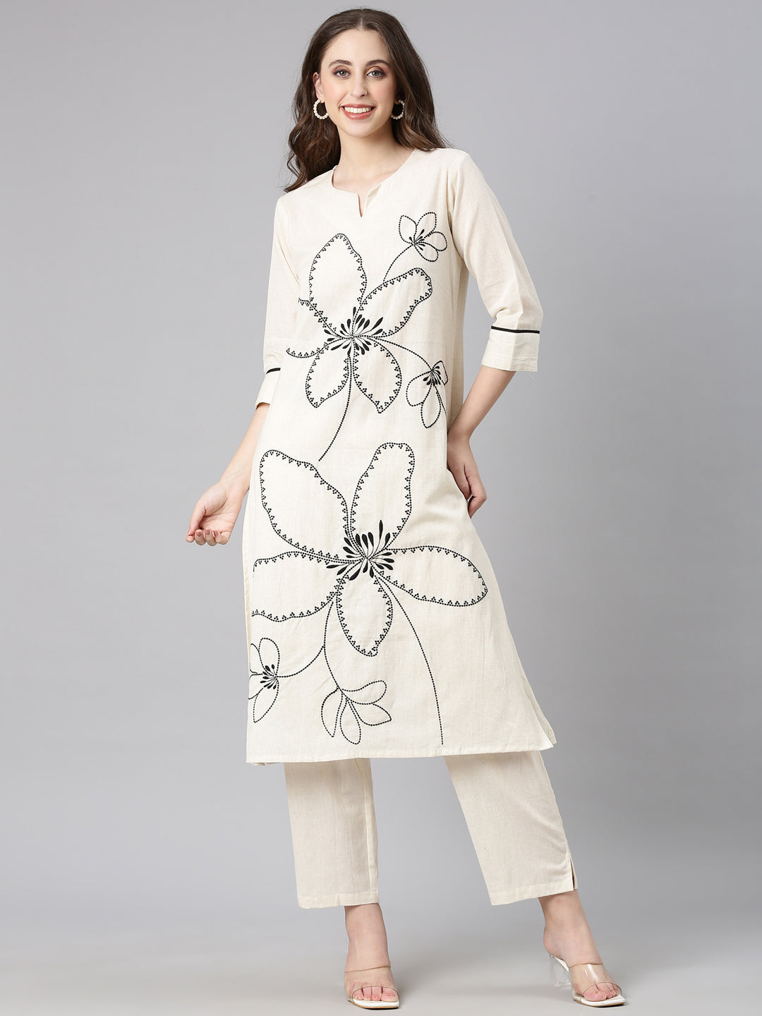 Neerus White cotton embroidered kurta set - detail view 2