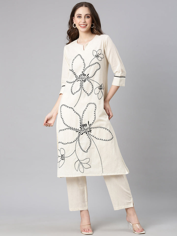 Neerus White cotton embroidered kurta set - detail view 2
