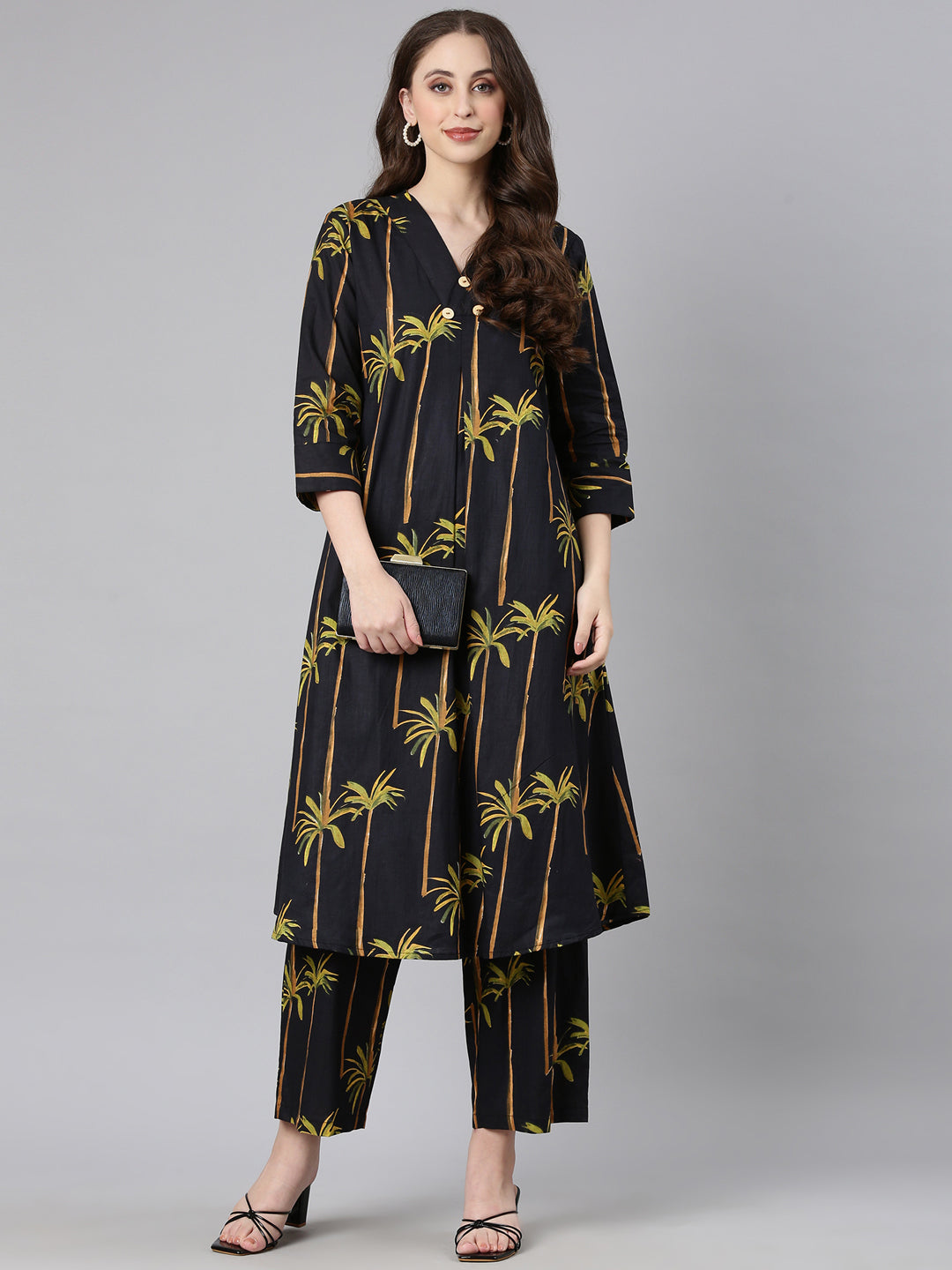 Neerus Black cotton printed kurta set with trousers - front view