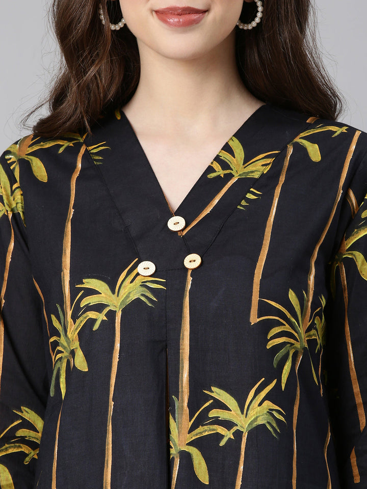 Neerus Black cotton printed kurta set with trousers - detail view 1