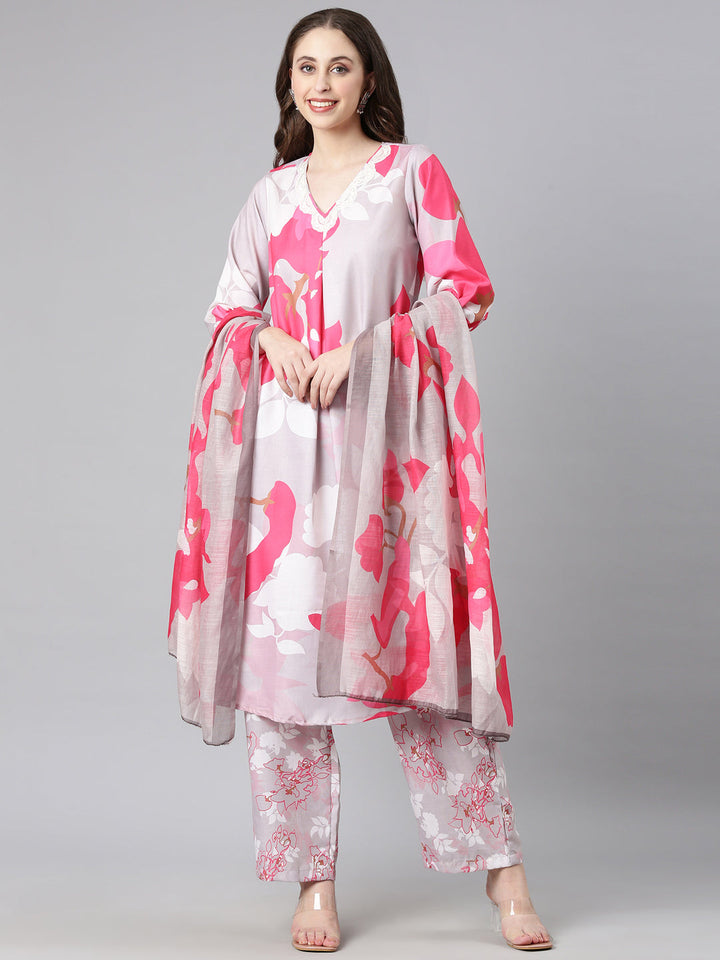 Neerus L gray Printed Straight Kurta and Trousers With Dupatta