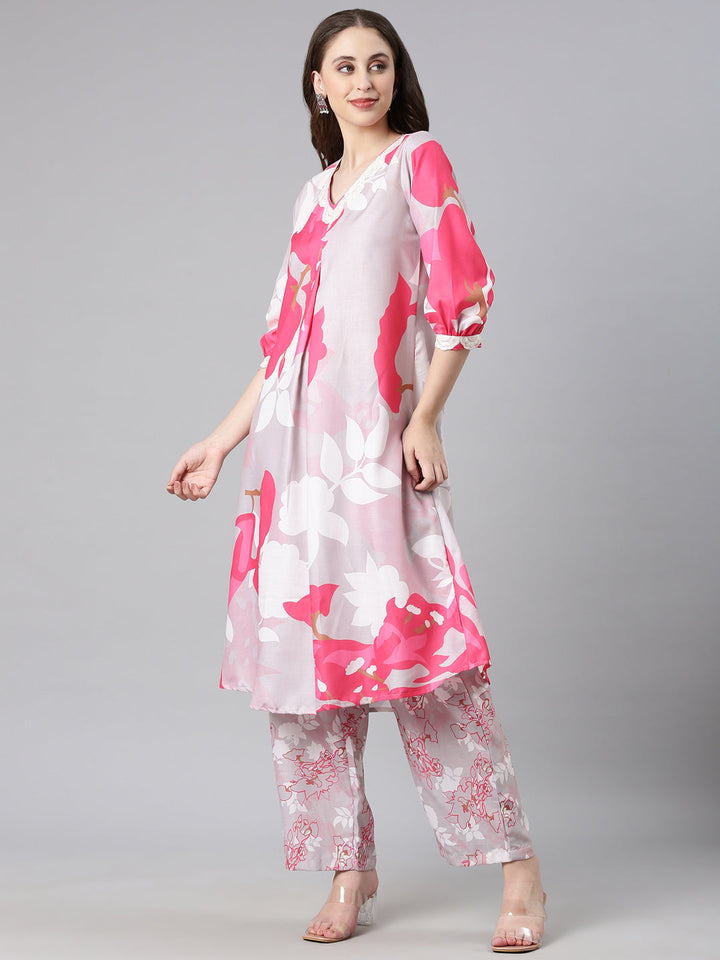 Neerus L gray Printed Straight Kurta and Trousers With Dupatta