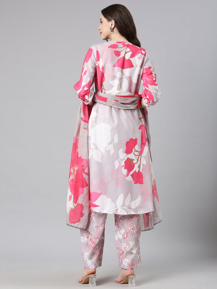 Neerus L gray Printed Straight Kurta and Trousers With Dupatta