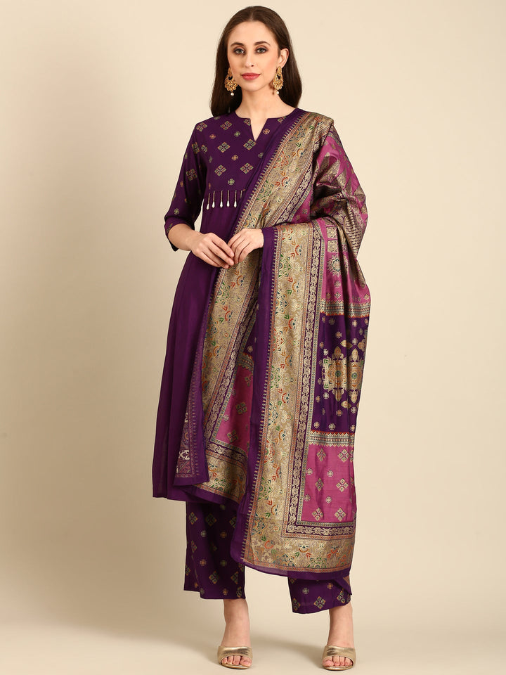 Neerus Purple muslin printed suit set with Banarasi dupatta - front view