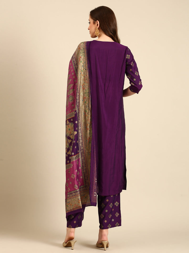 Neerus Purple muslin printed suit set with Banarasi dupatta - side view