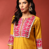 Mustard and Pink Silk Fabric Aari embriodery two piece cord set