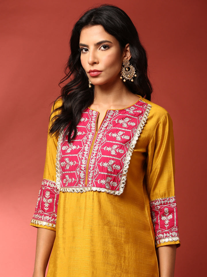 Neerus Yellow silk hand embroidered co-ord set - front view