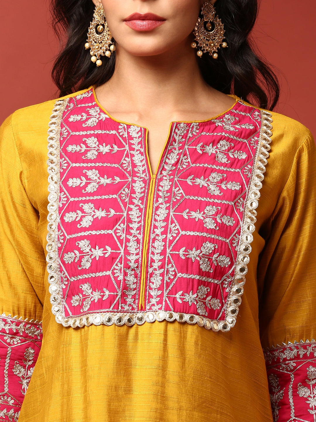 Neerus Yellow silk hand embroidered co-ord set - detail view 1