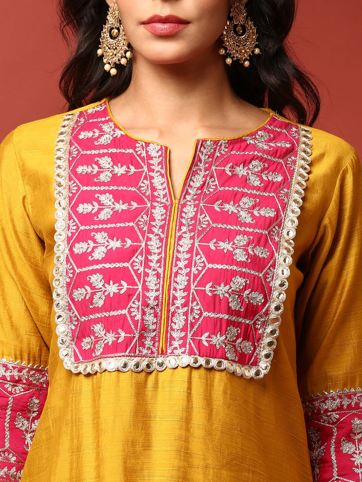 Neerus Yellow silk hand embroidered co-ord set - detail view 1