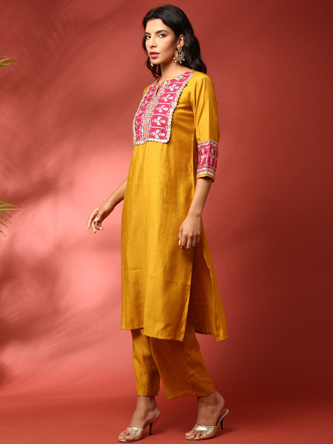 Neerus Yellow silk hand embroidered co-ord set - back view