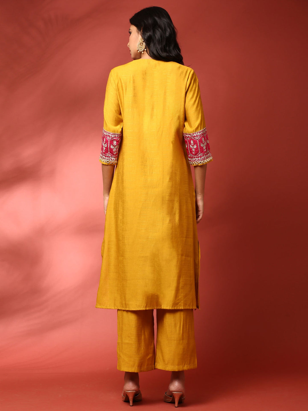 Neerus Yellow silk hand embroidered co-ord set - side view