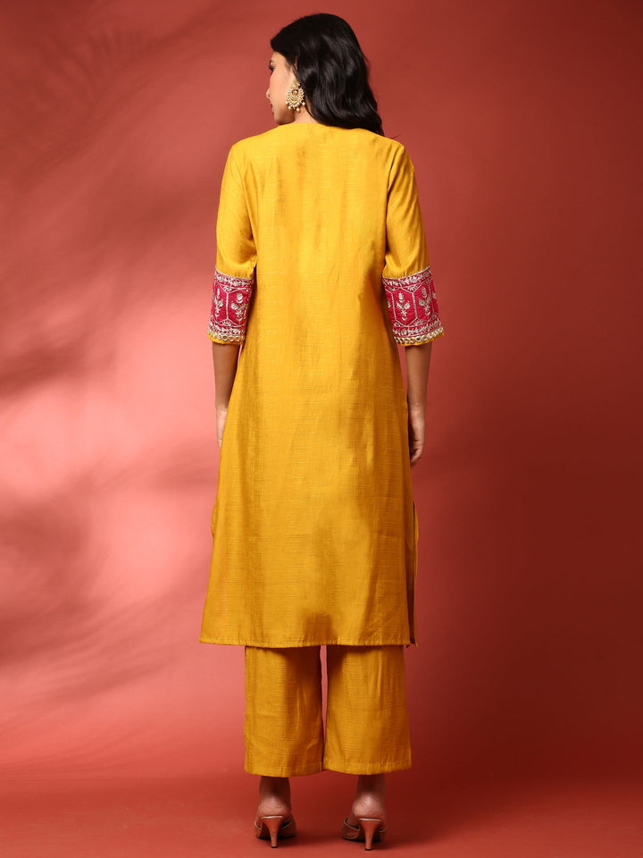 Neerus Yellow silk hand embroidered co-ord set - side view