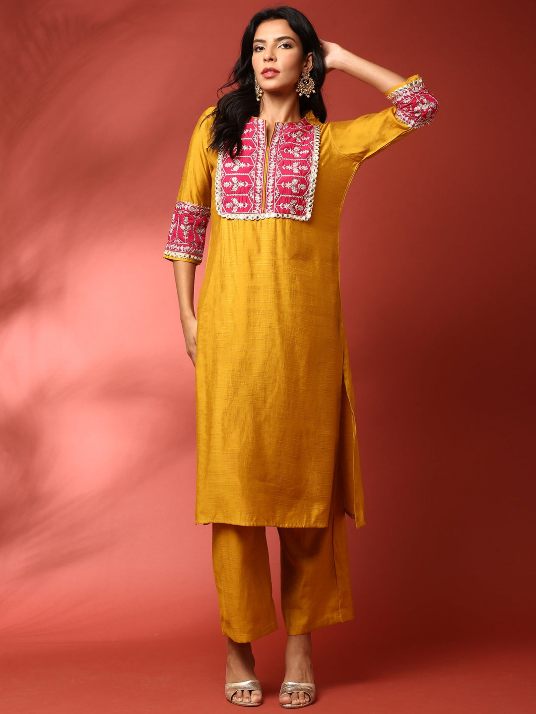 Neerus Yellow silk hand embroidered co-ord set - detail view 2