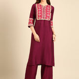 Wine Aari embroirdery two piece silk suit set