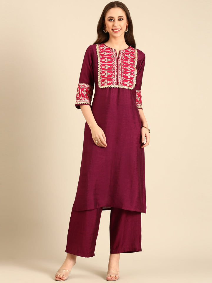 Neerus Maroon viscose rayon hand embroidered suit set - front view