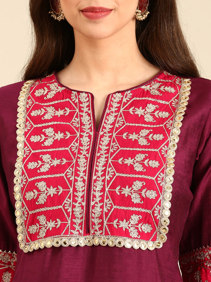 Neerus Maroon viscose rayon hand embroidered suit set - detail view 1