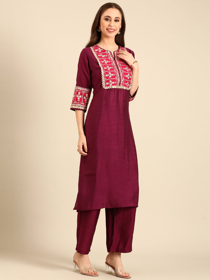 Neerus Maroon viscose rayon hand embroidered suit set - back view