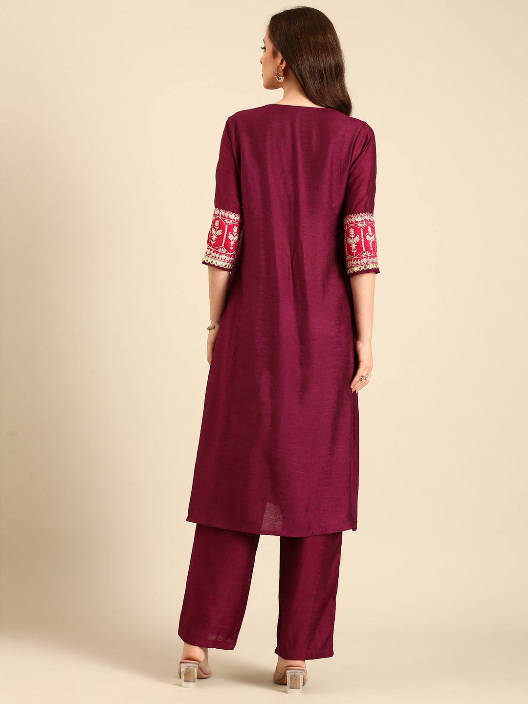 Neerus Maroon viscose rayon hand embroidered suit set - side view