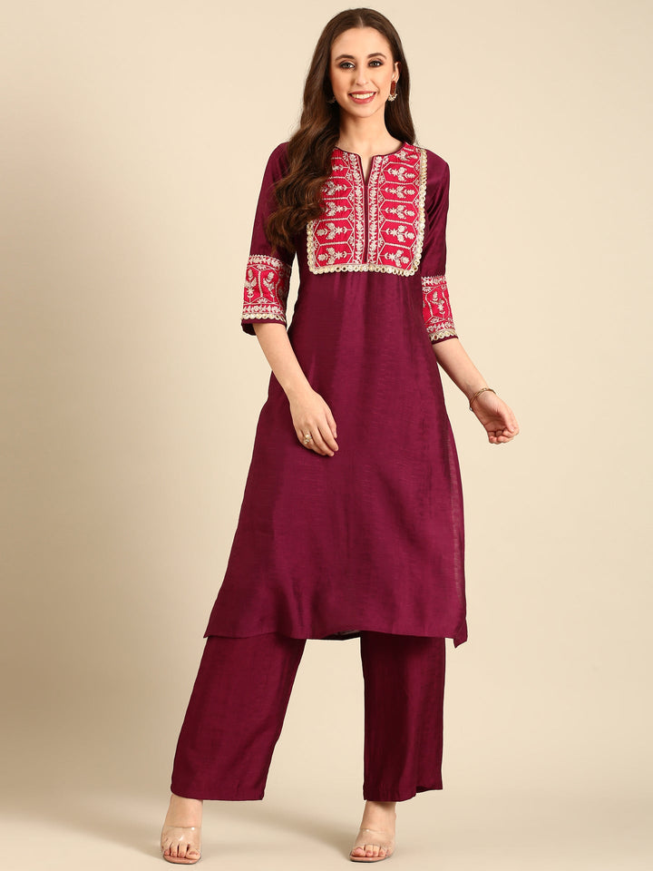 Neerus Maroon viscose rayon hand embroidered suit set - detail view 2