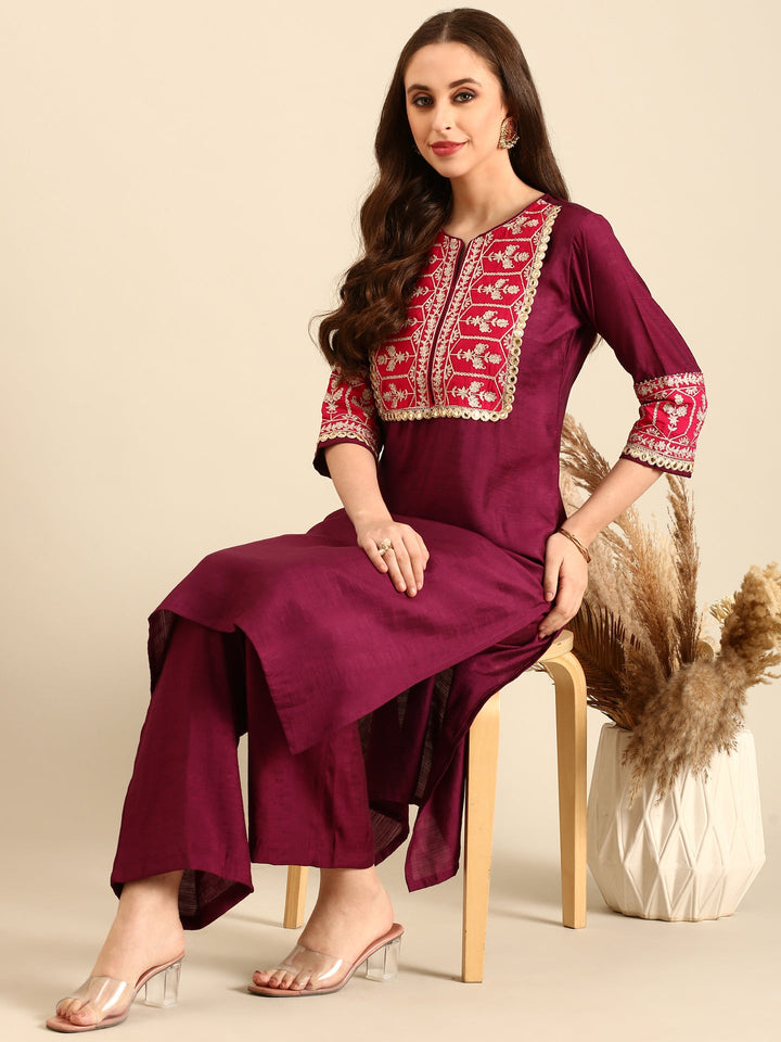 Neerus Maroon viscose rayon hand embroidered suit set - detail view 3