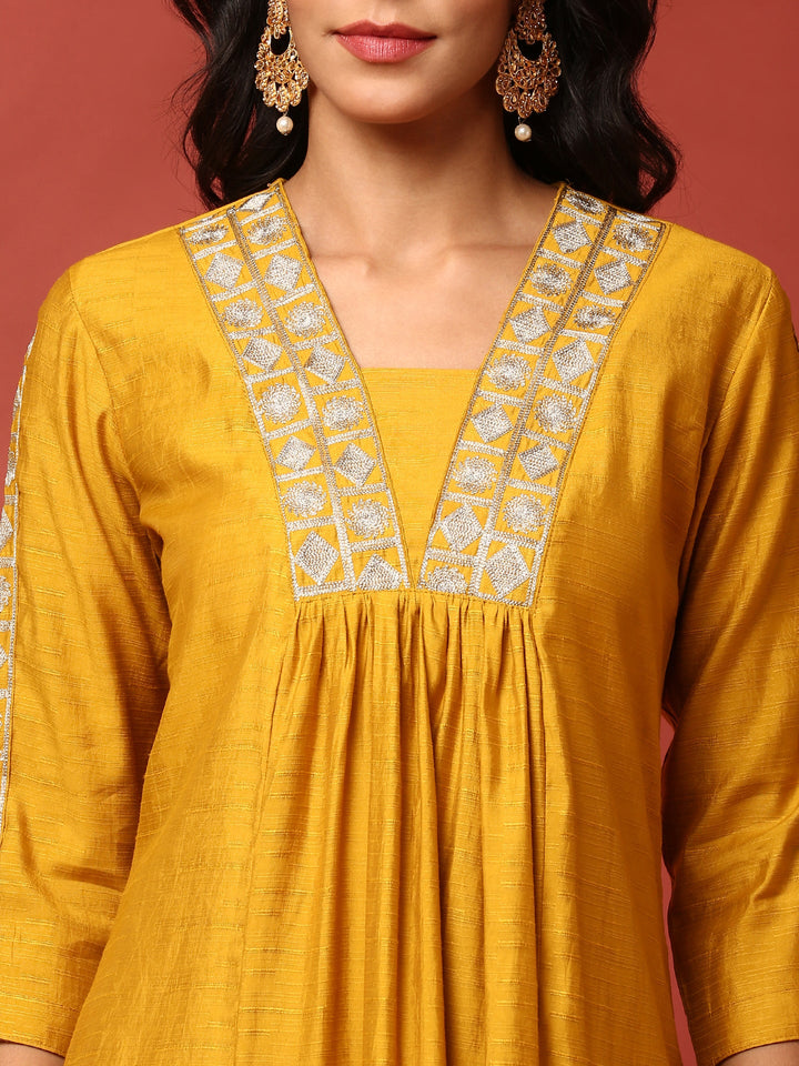 Mustard Silk embroidered three piece suit set