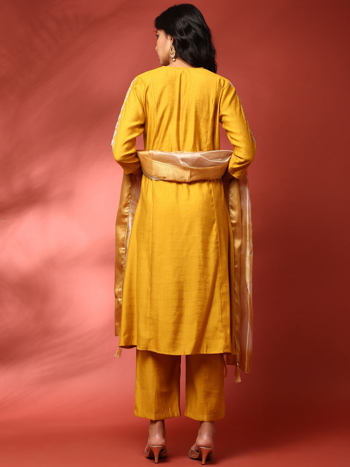 Neerus Yellow silk embroidered suit set - side view