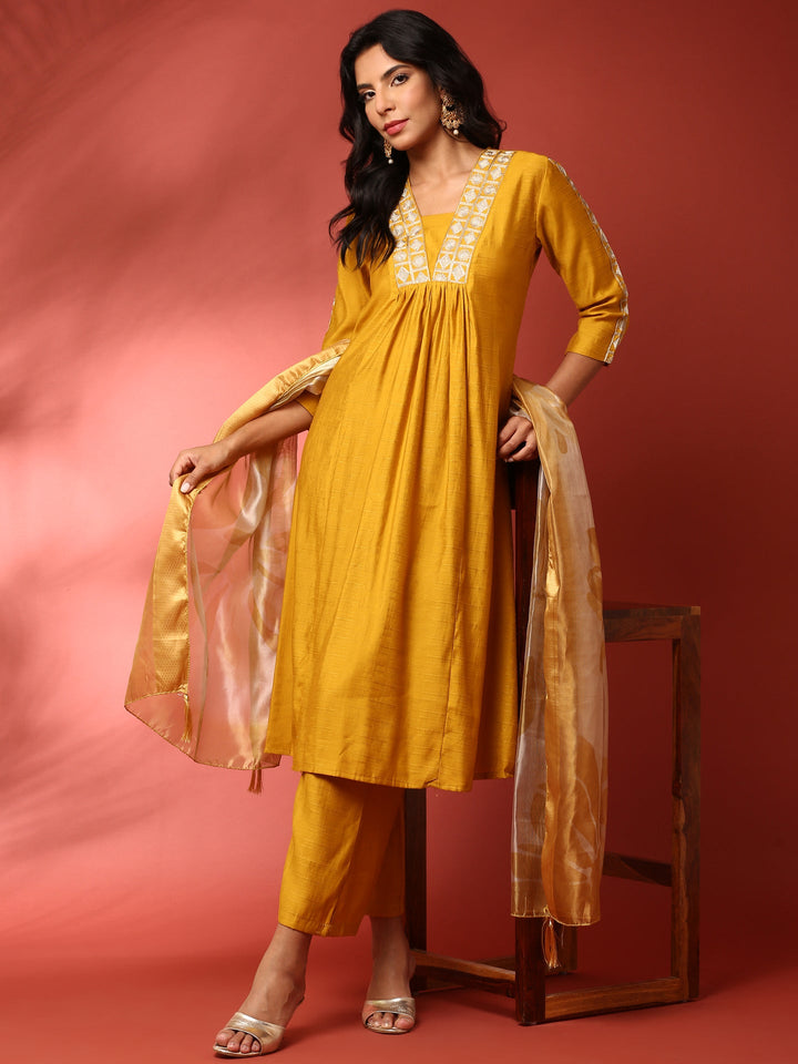 Mustard Silk embroidered three piece suit set