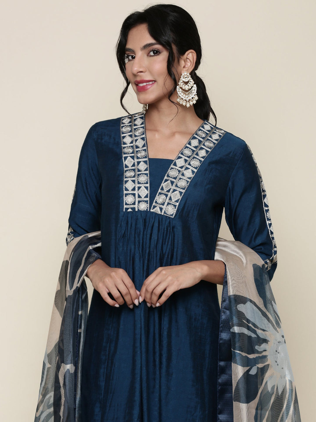 Neerus Blue Muslin Embroidered Suit Set - front view