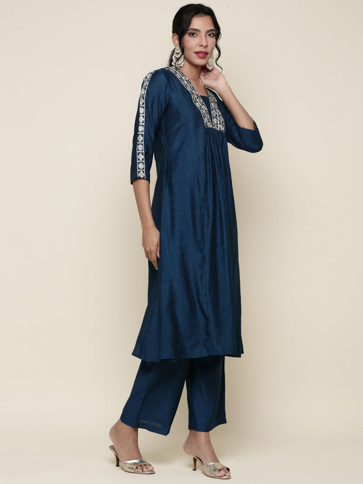 Neerus Blue Muslin Embroidered Suit Set - back view