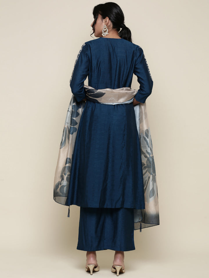 Neerus Blue Muslin Embroidered Suit Set - side view