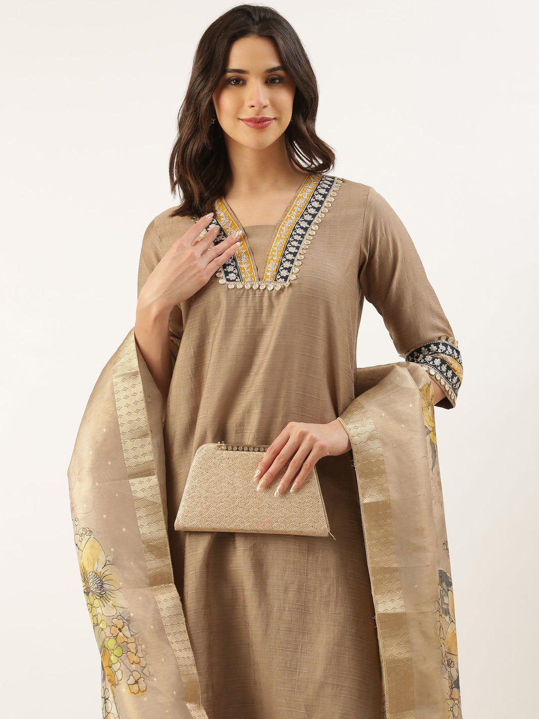 Neerus Beige modal silk straight suit set - detail view 3