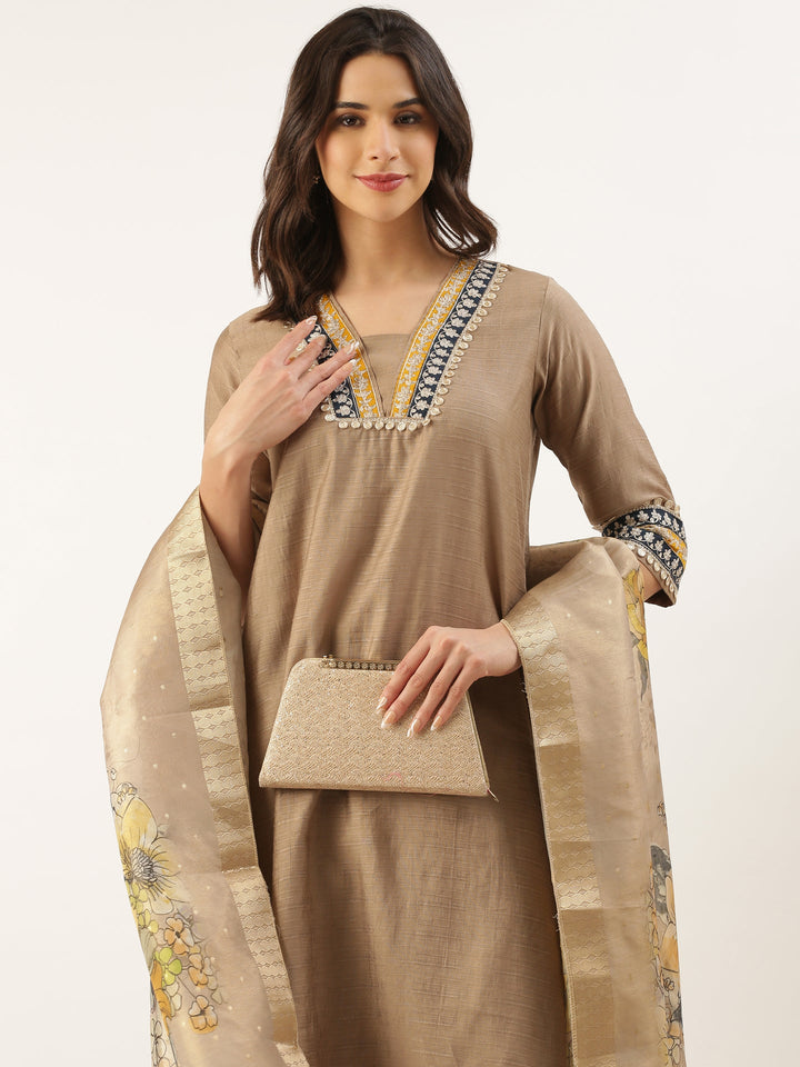 Neerus Beige modal silk straight suit set - detail view 3