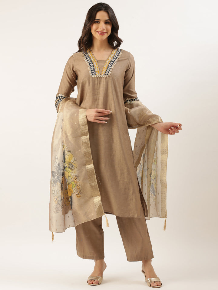 Neerus Beige modal silk straight suit set - back view