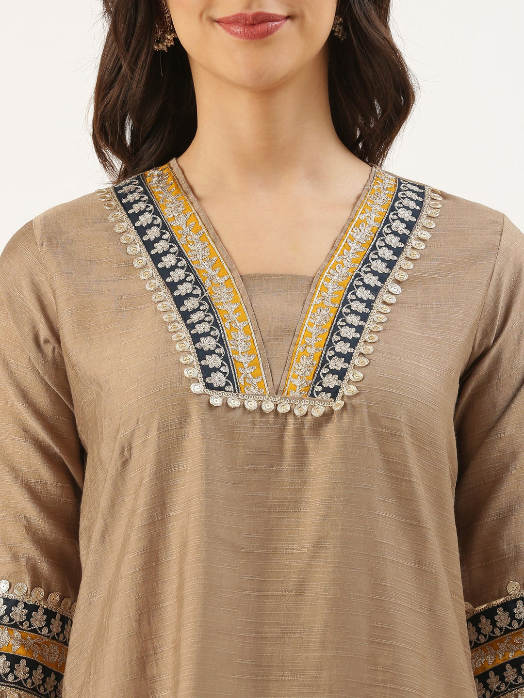 Neerus Beige modal silk straight suit set - detail view 2