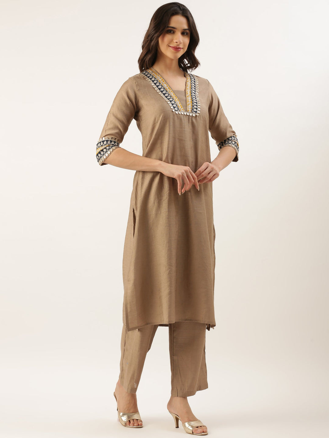 Neerus Beige modal silk straight suit set - side view