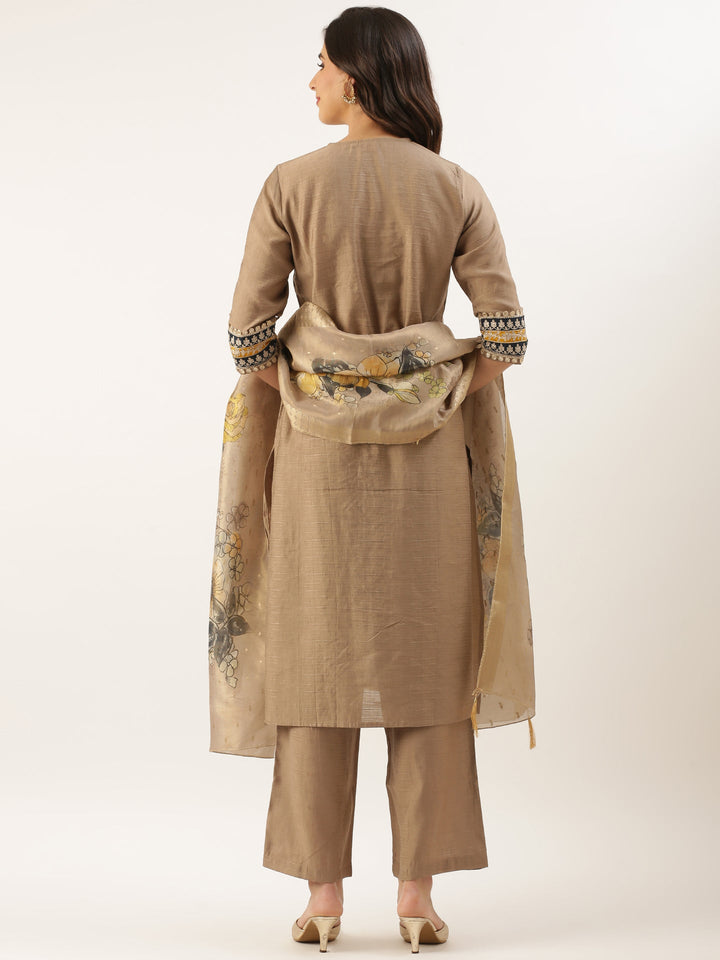 Neerus Beige modal silk straight suit set - detail view 1
