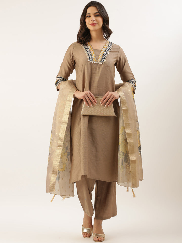 Neerus Beige modal silk straight suit set - front view